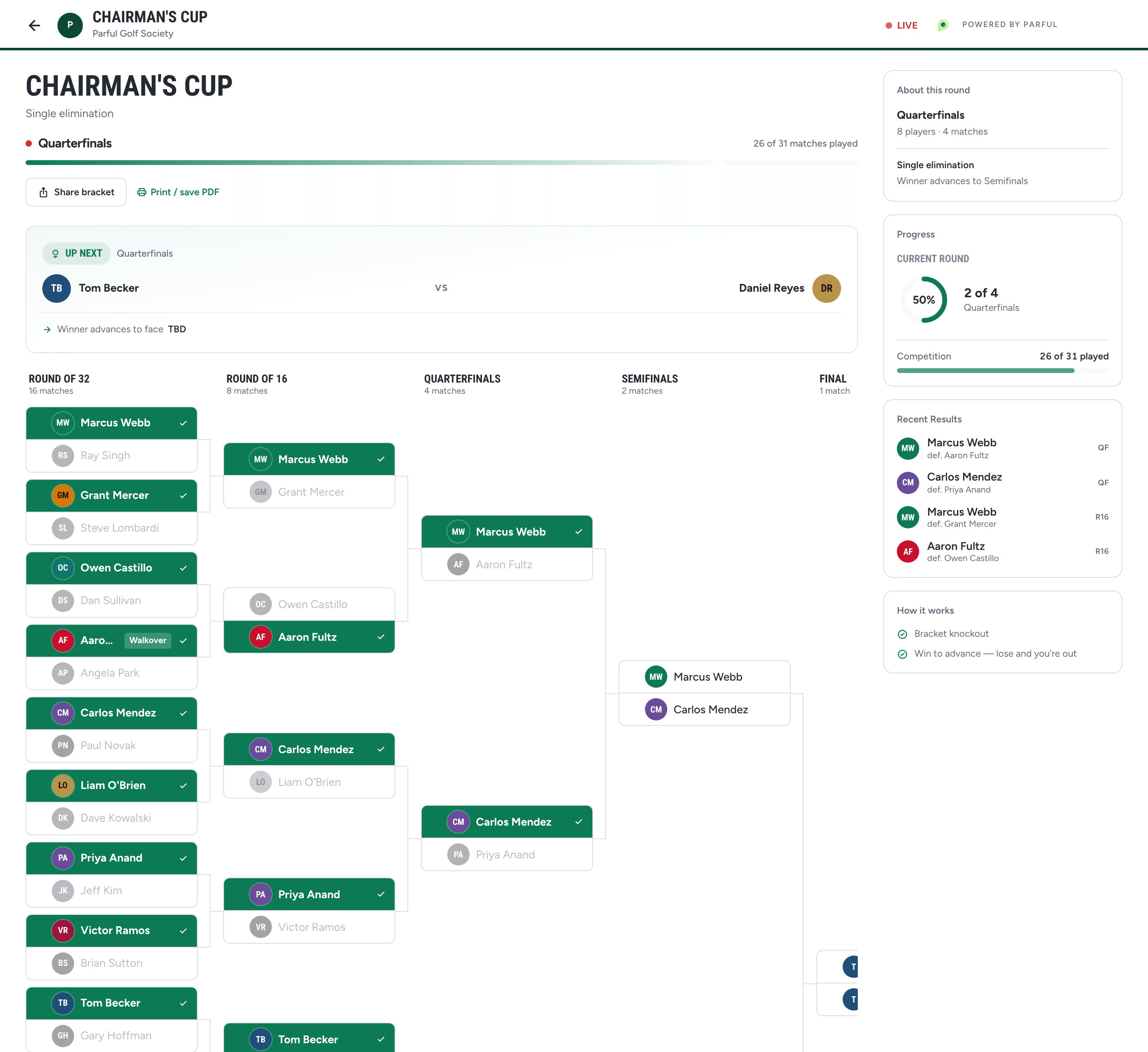 Public knockout bracket in Parful with winners advancing round by round