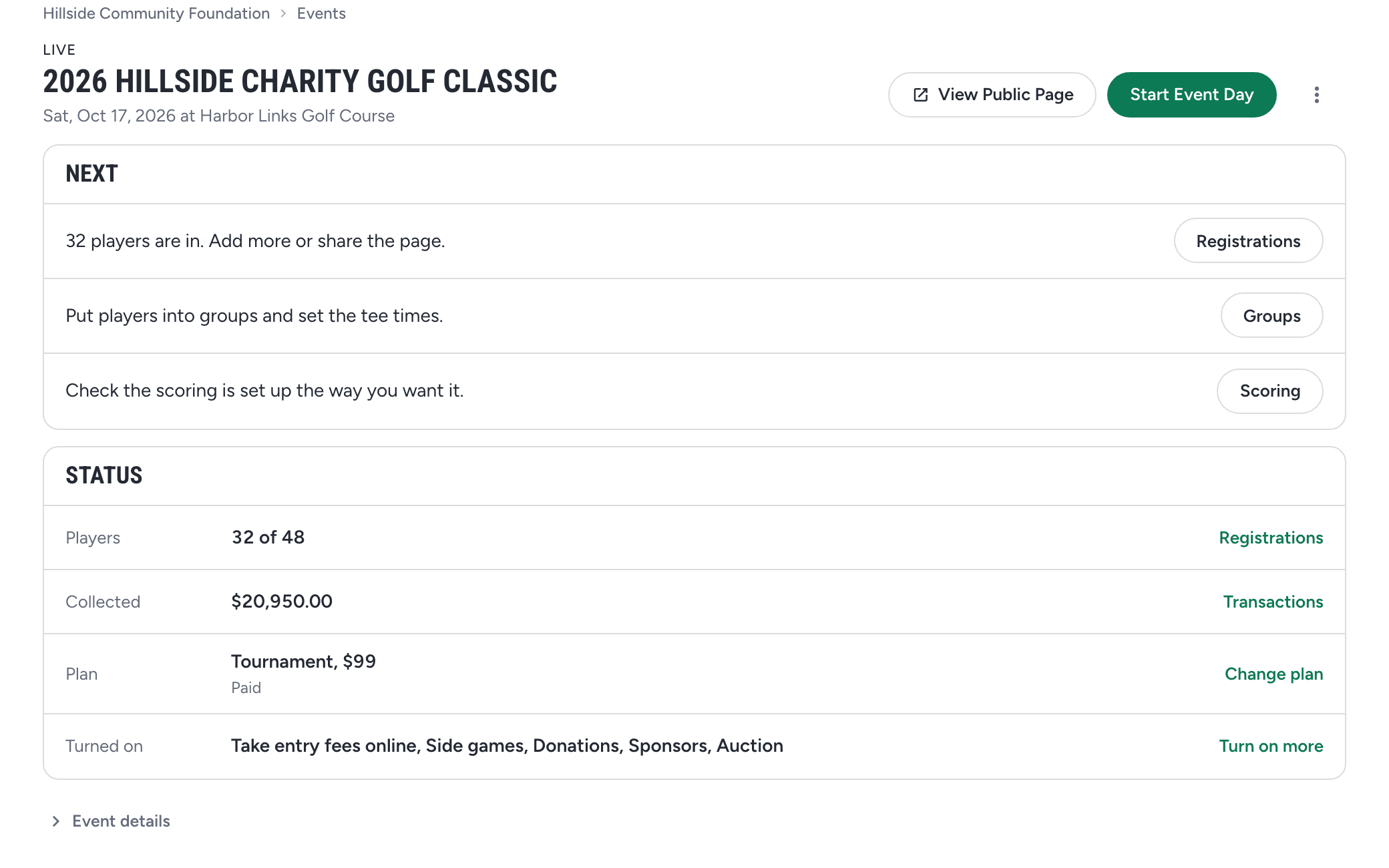 Parful Event HQ for a corporate golf outing showing registrations, groups and the run of show