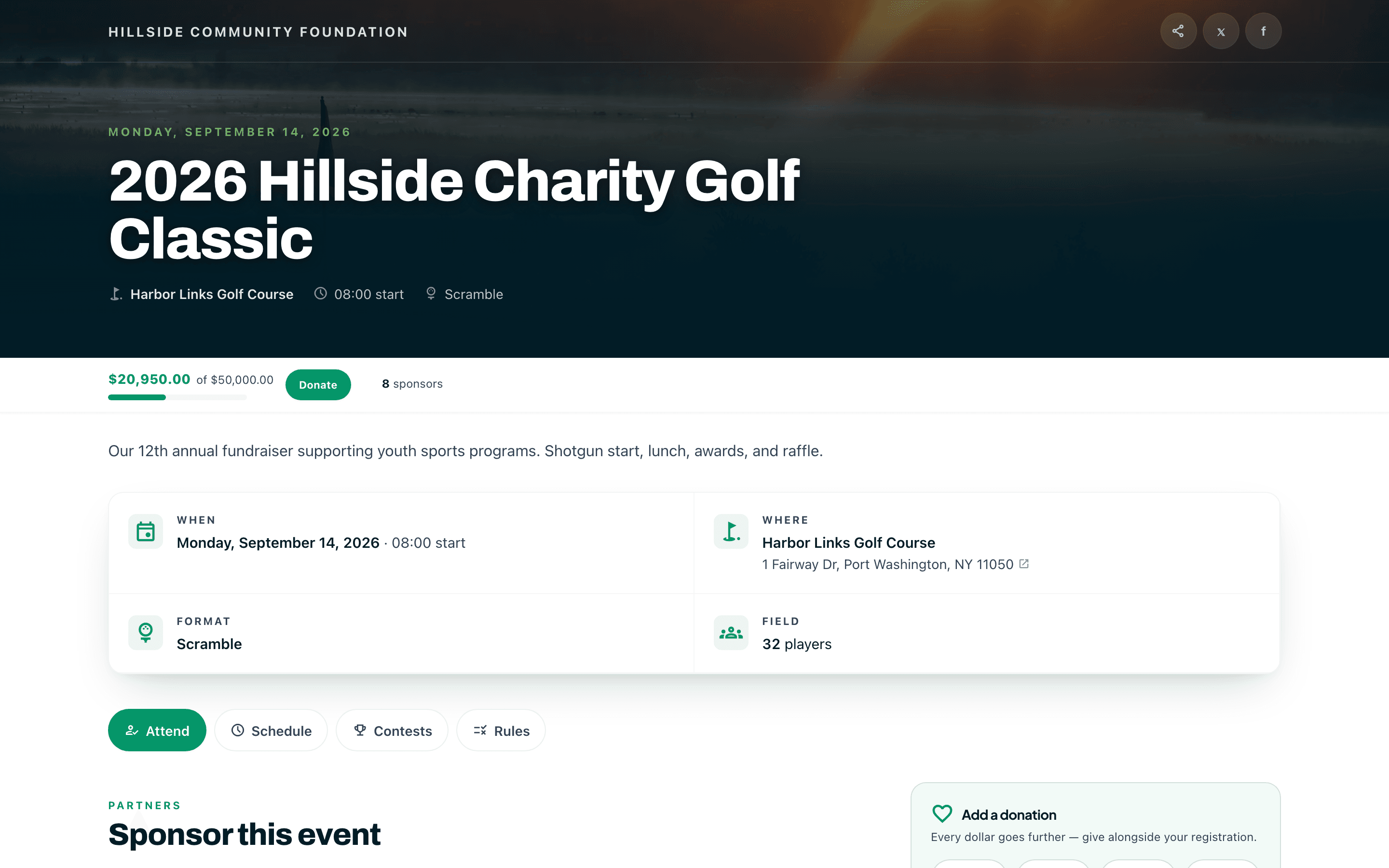 Public event page with a hero photo, countdown, raised bar, and registration packages