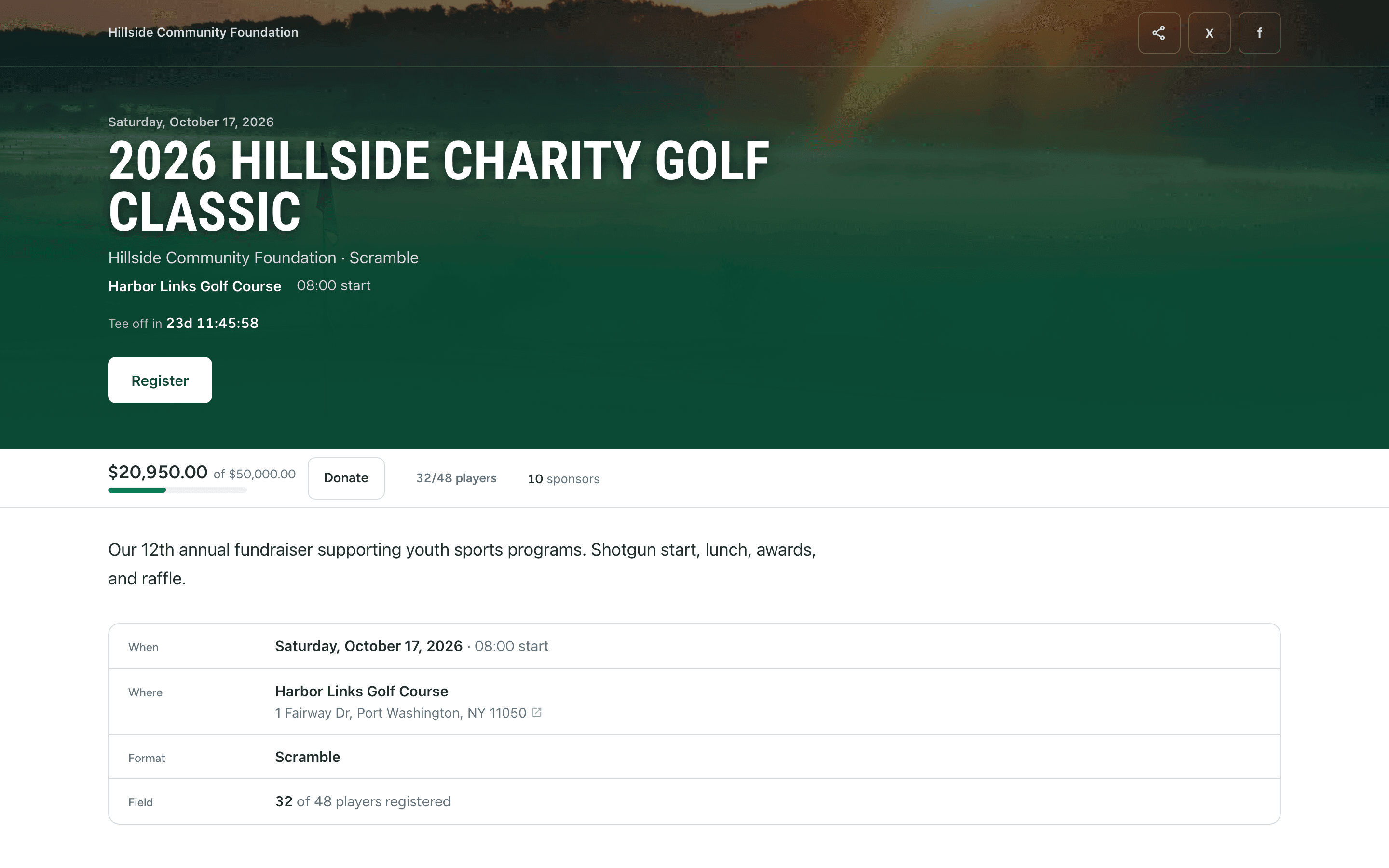 Public association golf outing page in Parful with member and guest packages and sponsor levels