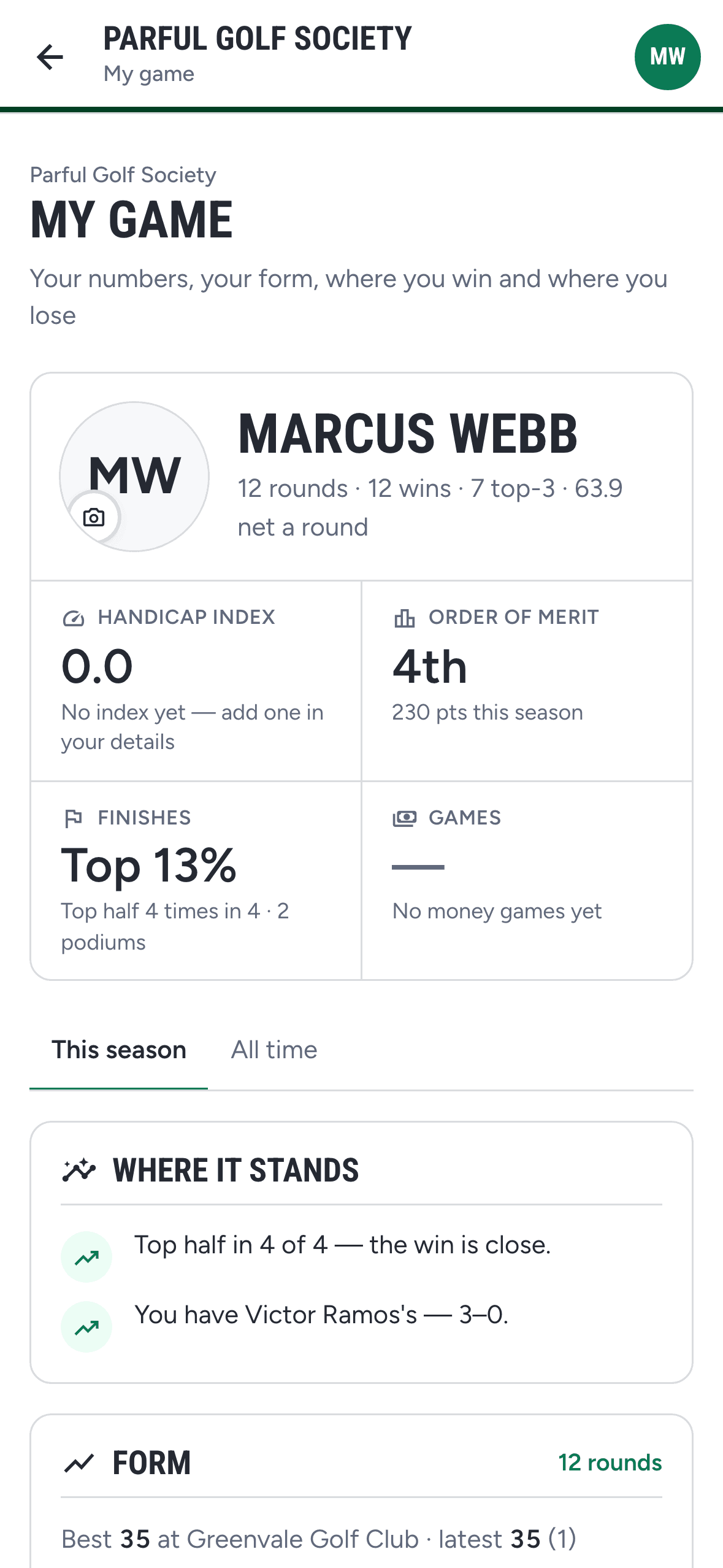 Member profile on a phone with handicap trend and season history