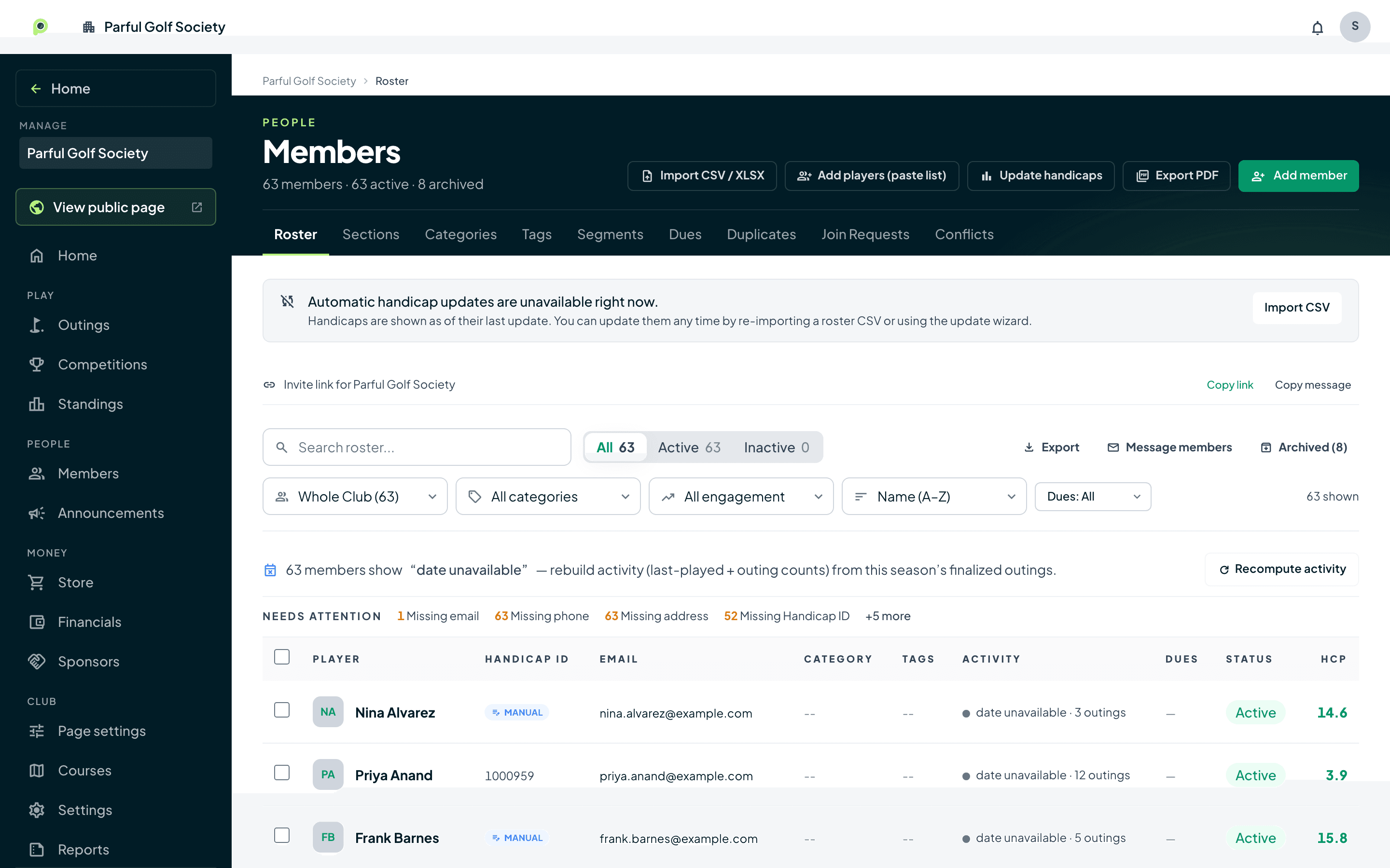 Member roster showing segments, dues status, recent activity, and handicaps for 63 members