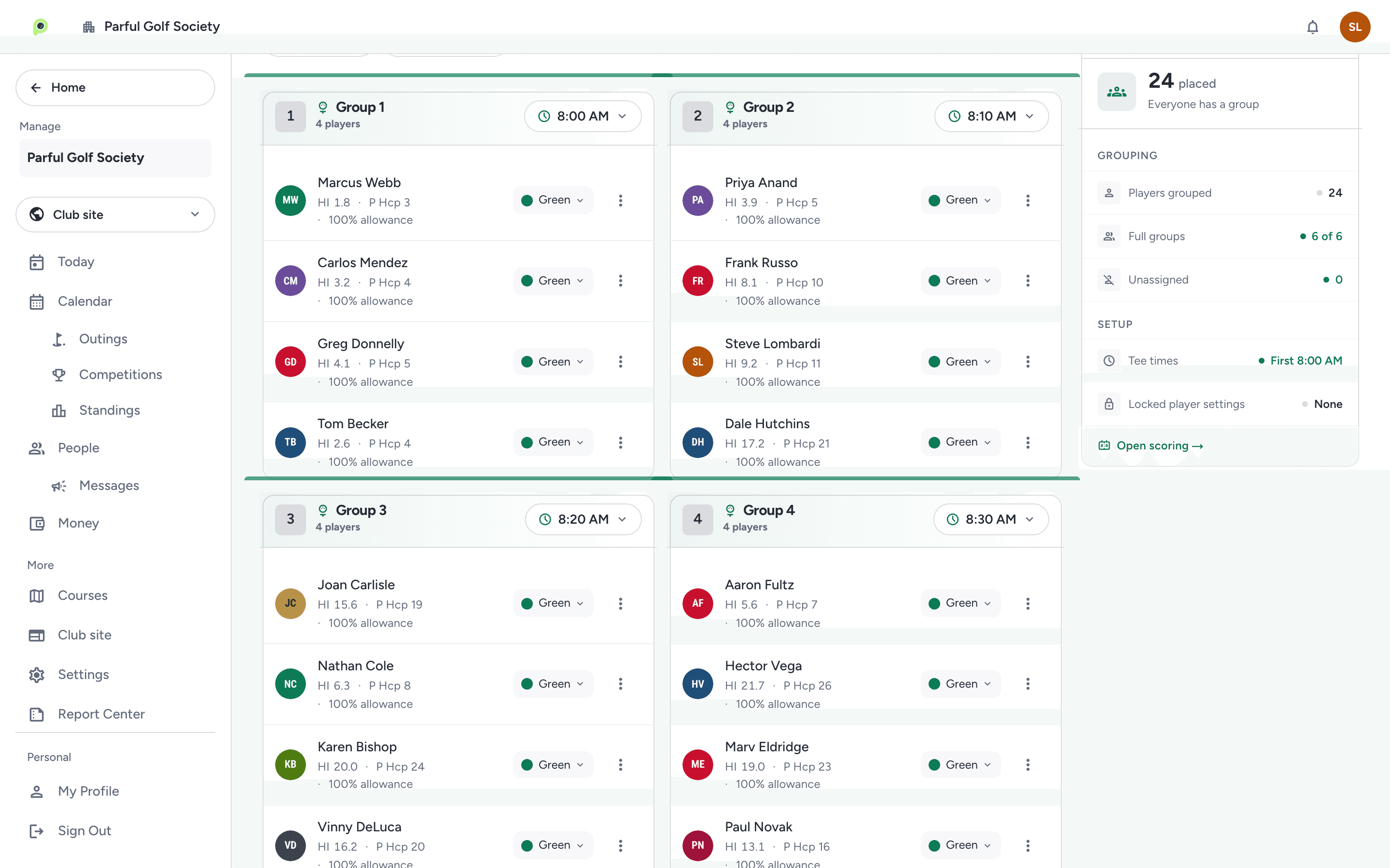 Outing groups in Parful with tee times, tees and playing handicaps per player