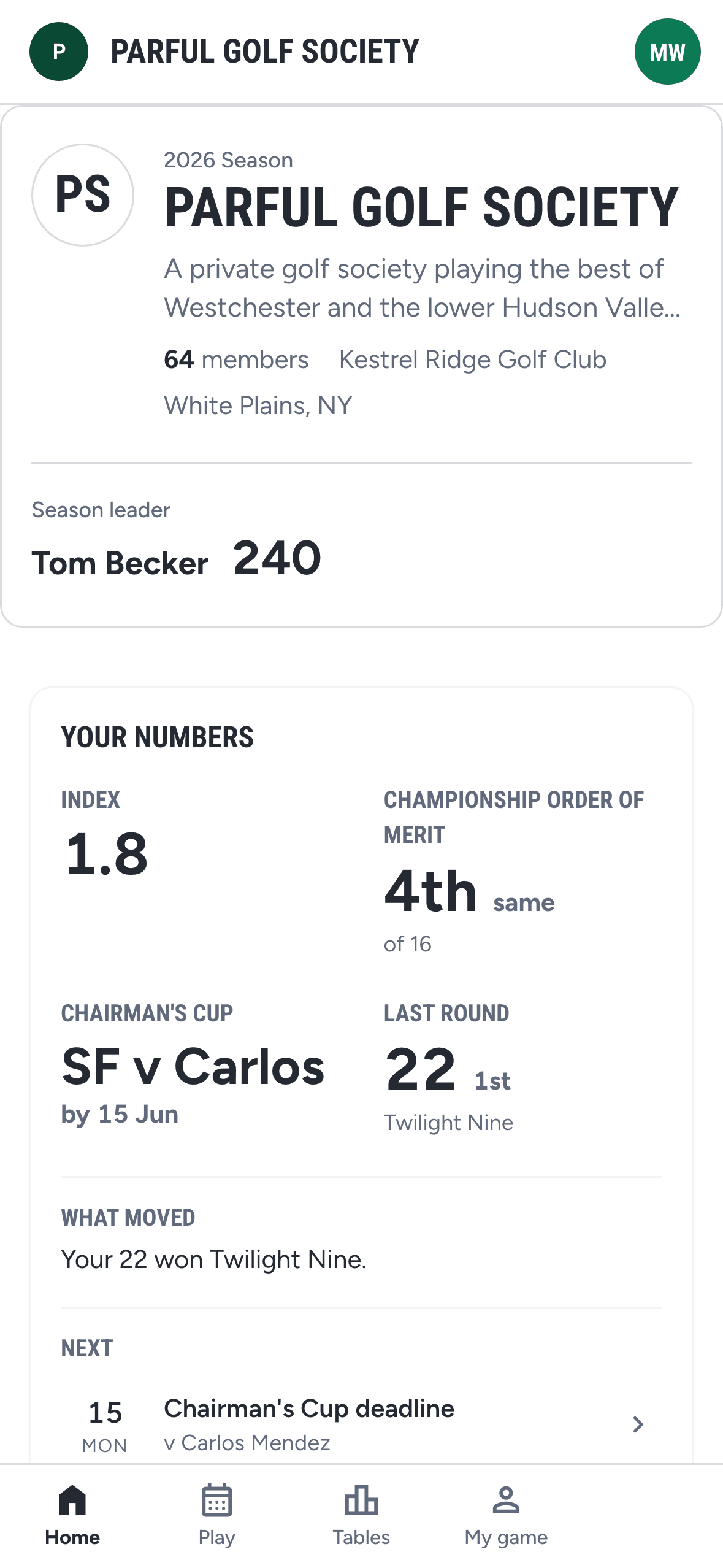 Member portal on a phone showing the next outing and standings position