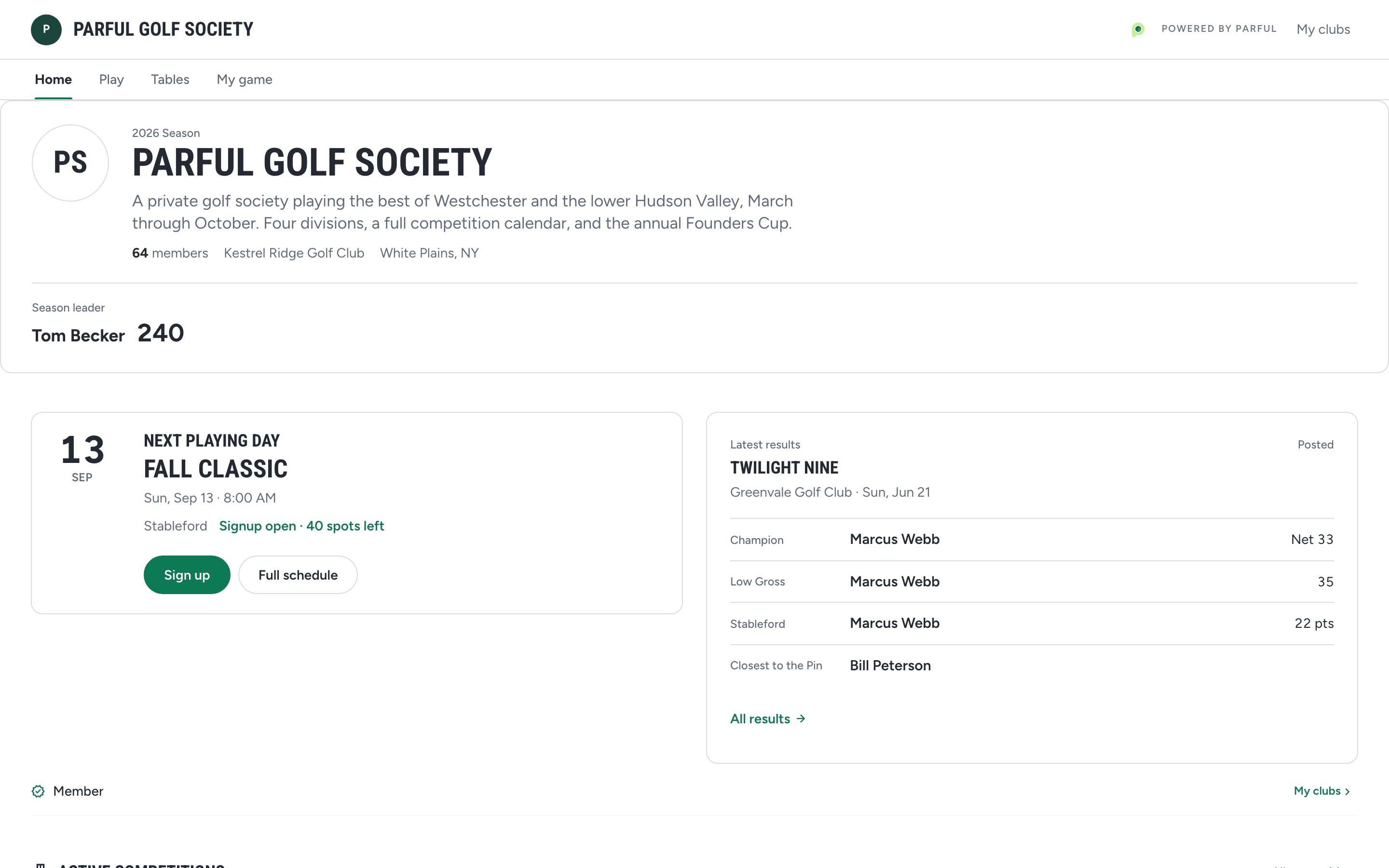 Public club site in Parful with the schedule, results and standings for a member-run golf club
