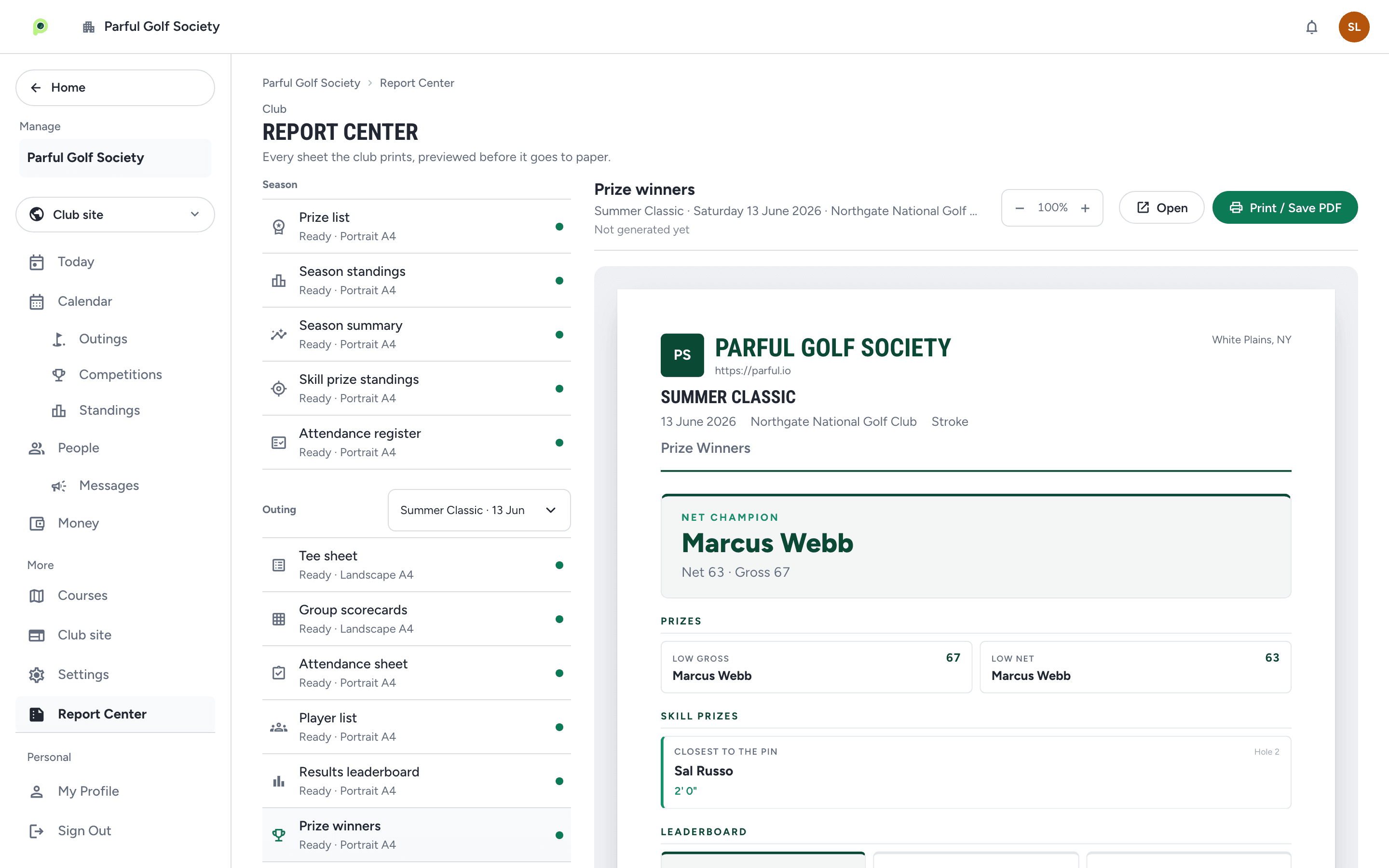 The Parful Report Center listing the prize list, season standings and attendance register