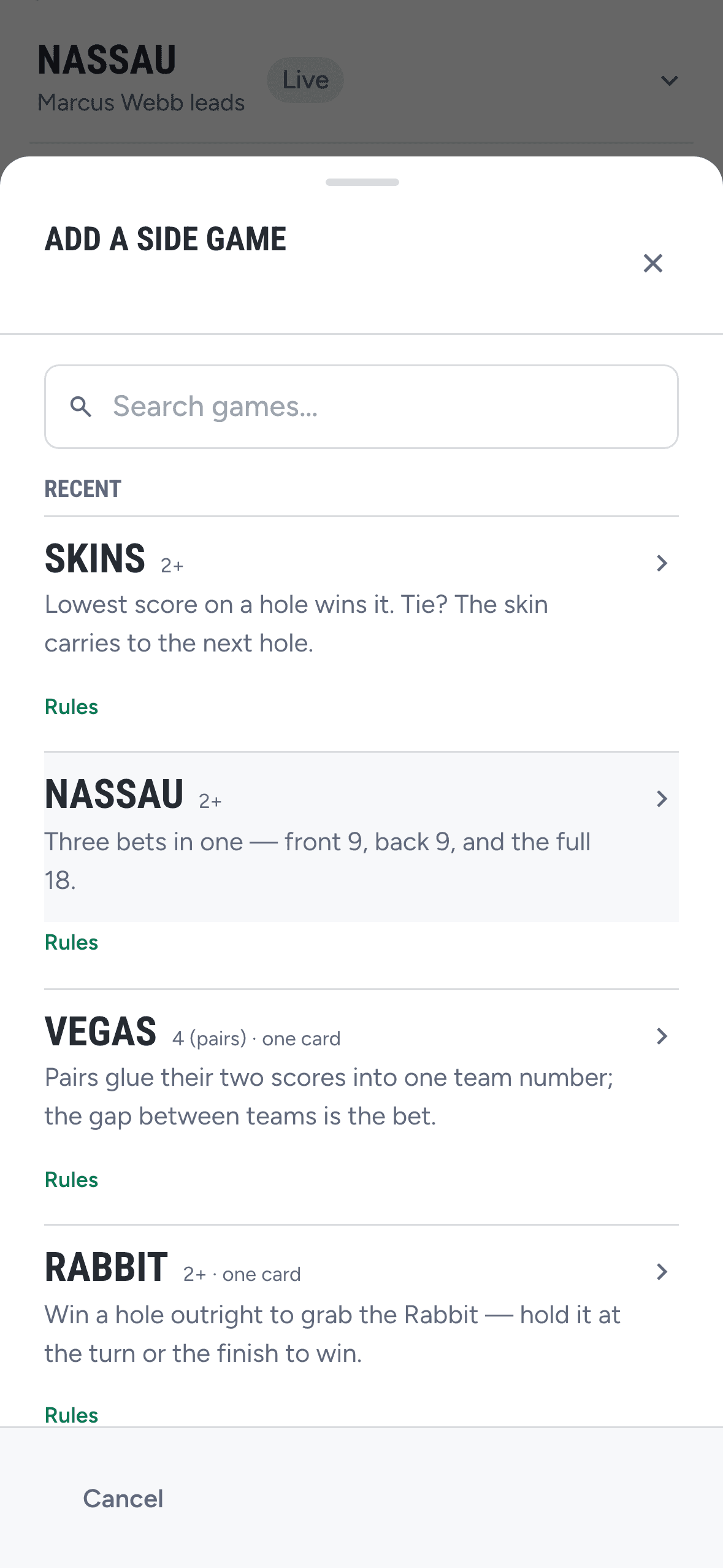 Adding a side game on a phone: skins, Nassau, Vegas and Rabbit in the game picker