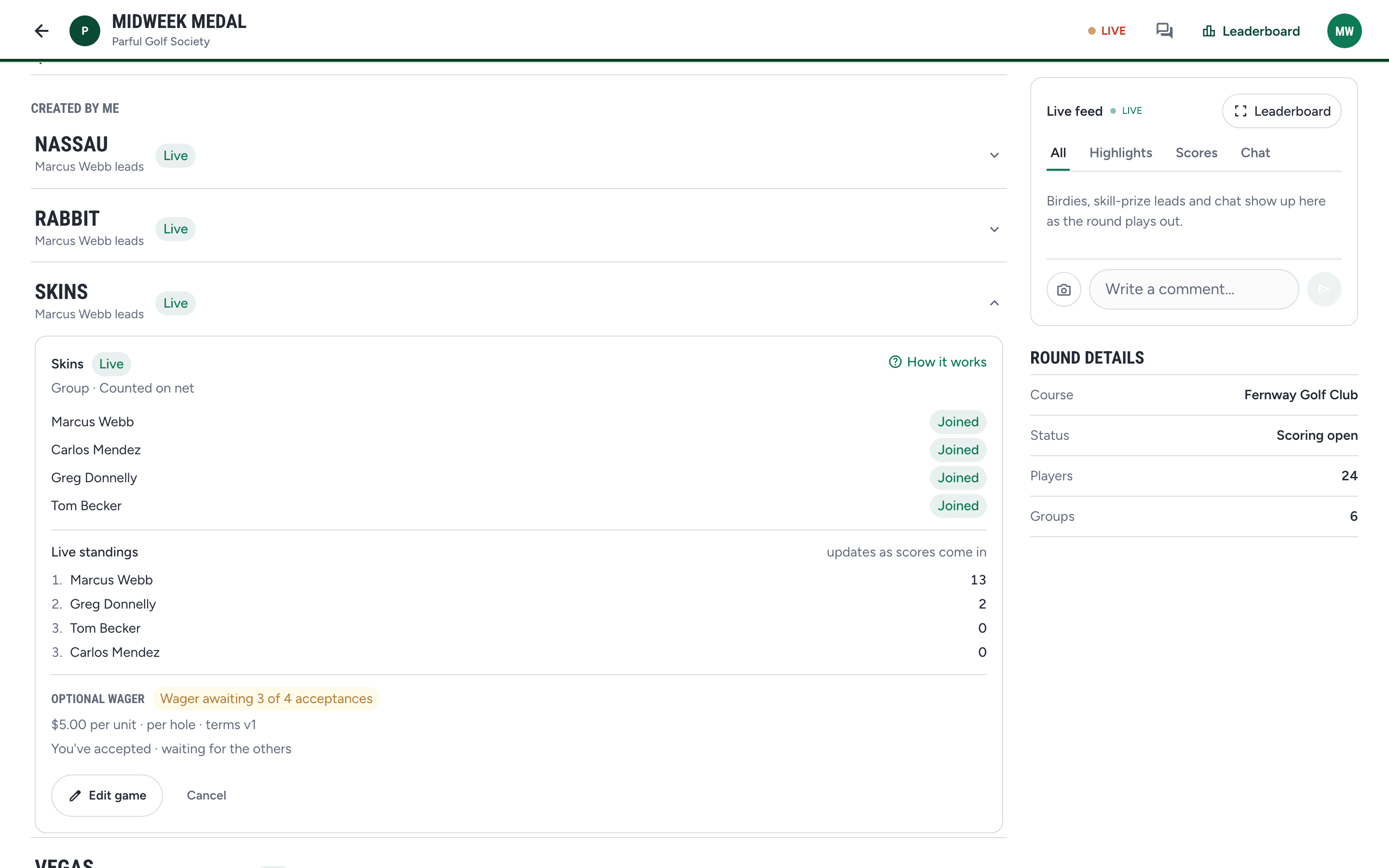 Side games on a live outing in Parful with skins standings and wager terms