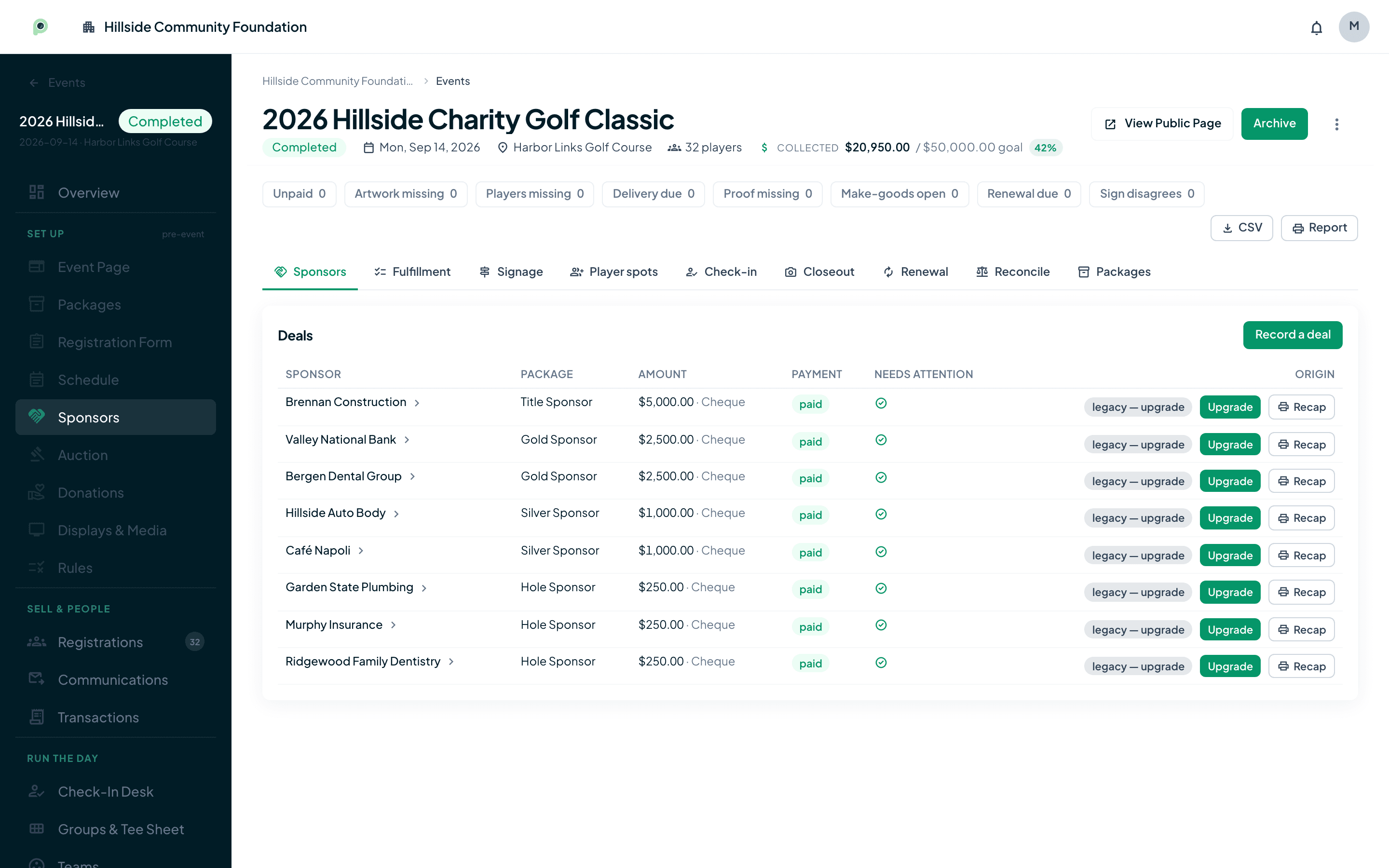 Golf tournament sponsor management screen in Parful with packages, amounts and payment status