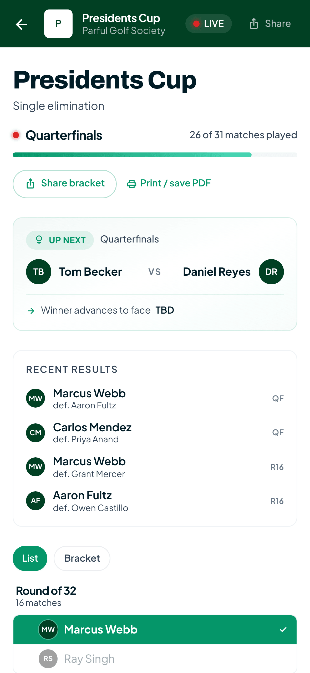 Public single-elimination bracket — Round of 32 through the Final, winners advancing, quarterfinals live