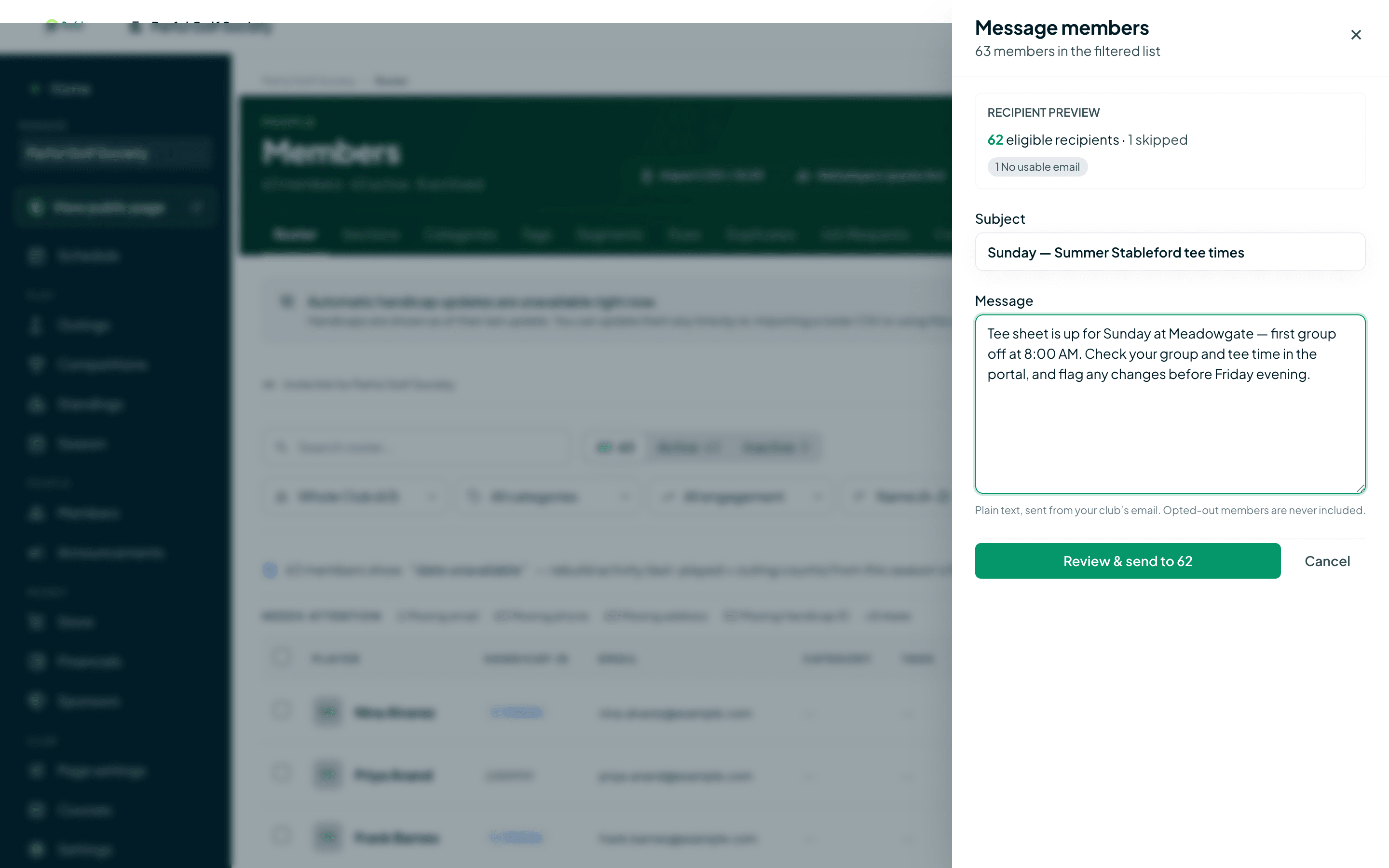 Message-members drawer — a tee-times update drafted to 62 eligible recipients from a filtered segment