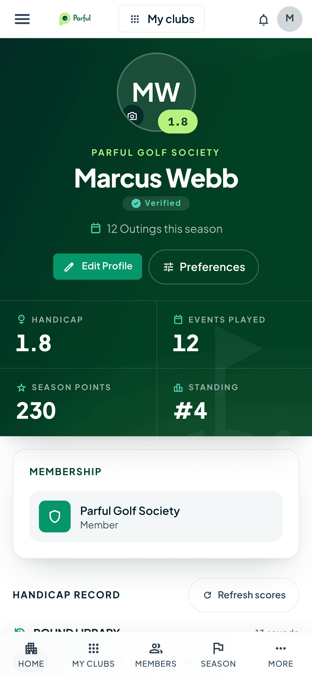 A member profile on a phone — handicap trend, season history, and club context