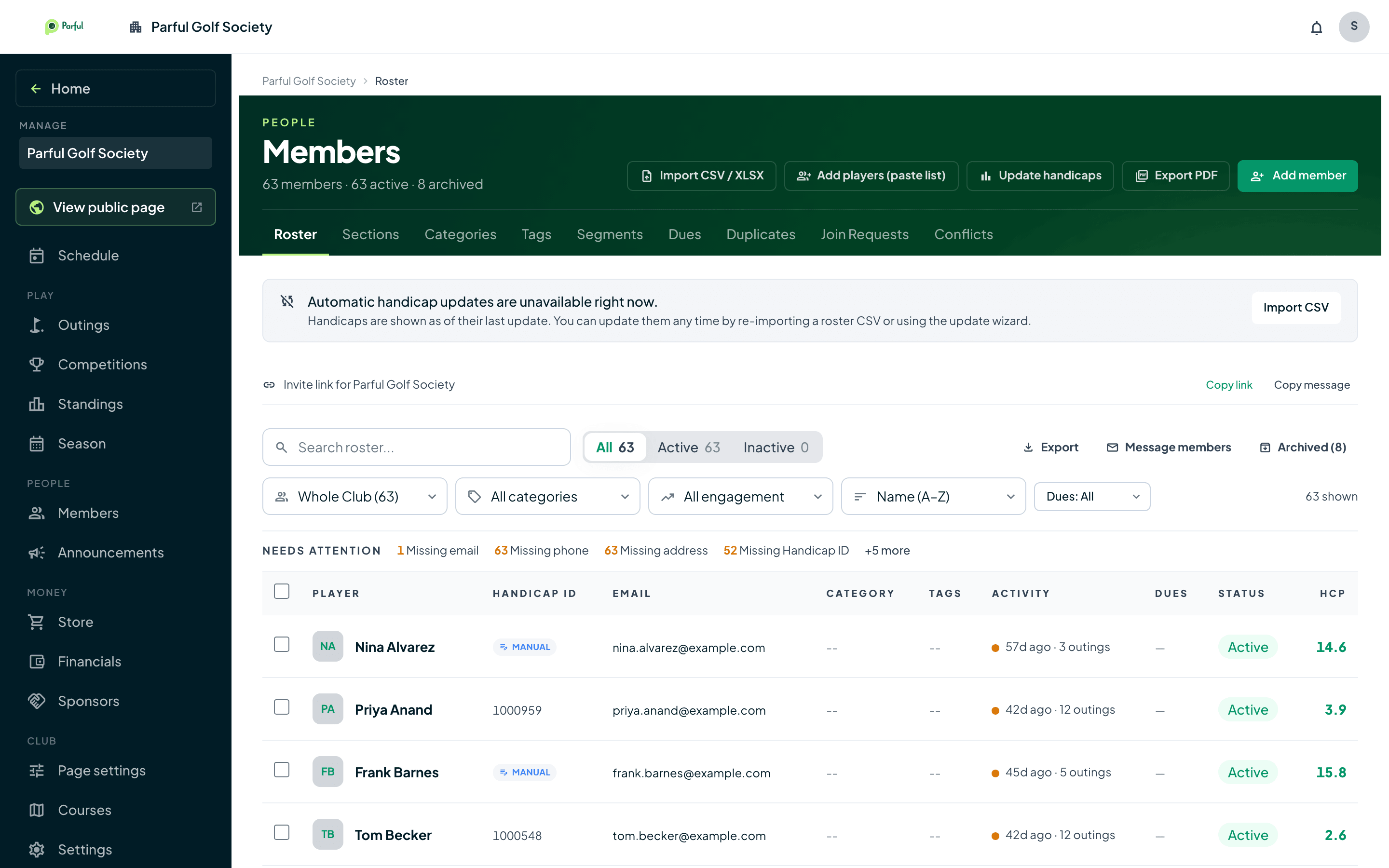 Member roster with segments, dues status, activity, and handicaps for 63 members