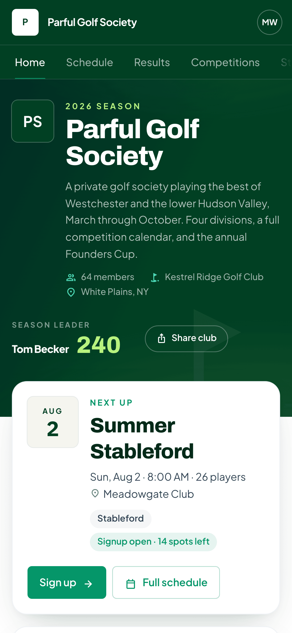 Member portal dashboard on a phone — next Outing, standings position, and registration