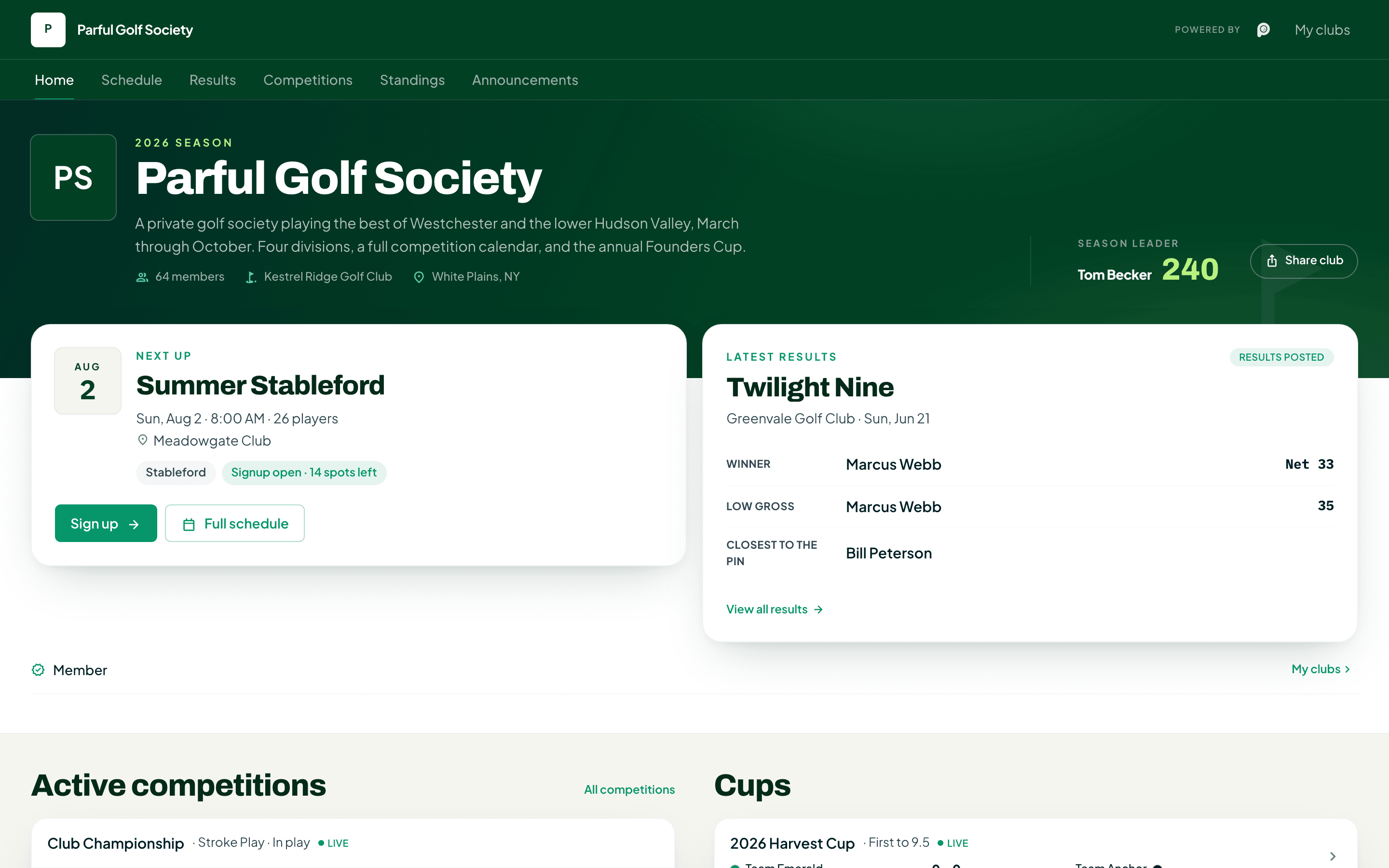 Public club hub page with the schedule, latest results, and announcements