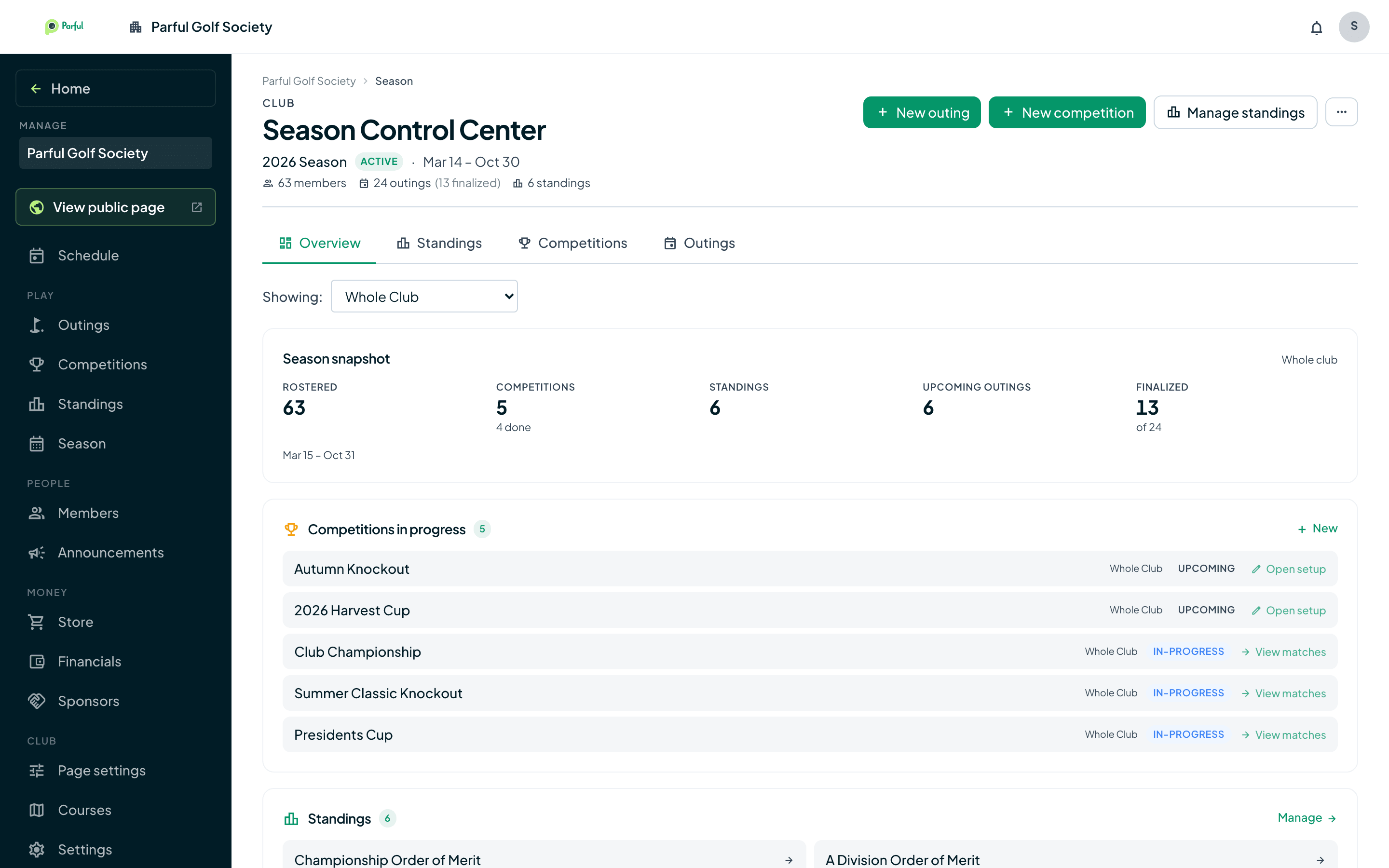 Season Control Center — 2026 season snapshot, competitions in progress, and standings